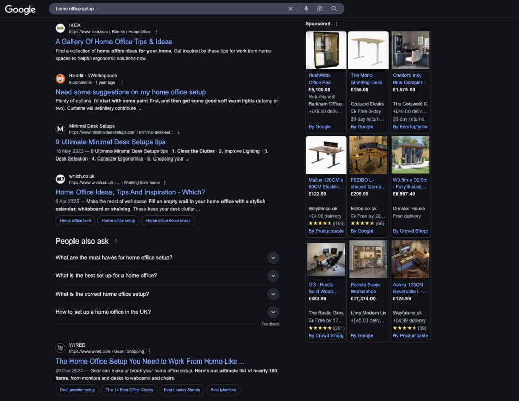 Google search results for the query home office setup showing IKEA top result with Reddit and blog articles followed by product ads on the right side